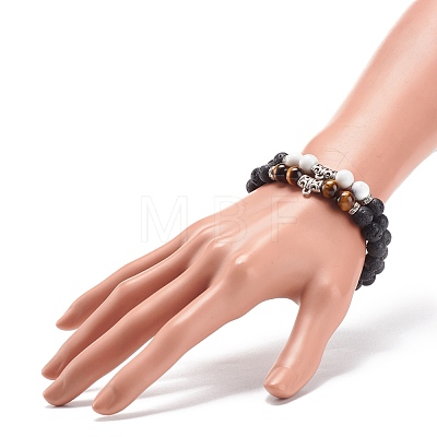 2Pcs 2 Style Natural Howlite & Tiger Eye & Lava Rock Stretch Bracelets Set with Alloy Tube BJEW-JB08474-1