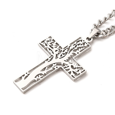 304 Stainless Steel Cross with Tree of Life Pendant Necklaces NJEW-M197-02P-1