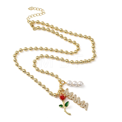 Mother's Day Brass Micro Pave Clear Cubic Zirconia Enamel Red Rose Flower Mama Pendant Necklaces for Women NJEW-A071-02G-1