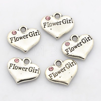 Wedding Party Supply Antique Silver Alloy Rhinestone Heart Carved Word Flower Girl Wedding Family Charms ALRI-N005-28D-1