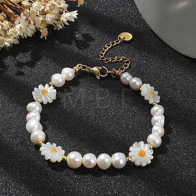 Flower Natural Pearl & Shell Beaded Bracelets for Women BJEW-TA00420-1