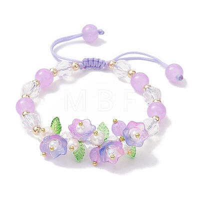 Flower Glass & Acrylic Braided Bead Adjustable Bracelets for Women BJEW-JB10446-02-1