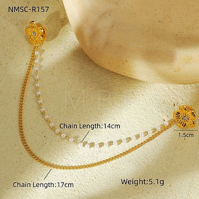 304 Stainless Steel Pave Clear Cubic Zirconia & ABS Pearl Flower Hanging Chain Brooch JEWB-S021-05G-1