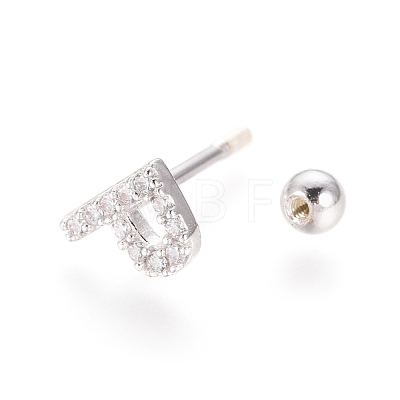 Rhodium Plated 925 Sterling Silver Micro Pave Clear Cubic Zirconia Letter Barbell Cartilage Earrings STER-I018-13P-P-1