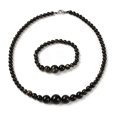 Natural Golden Sheen Obsidian Round Beads Bracelets & Necklaces Sets SJEW-L132-20-1