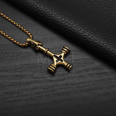 Vintage 304 Stainless Steel Viking Wolf Cross Hammer Pendant Necklaces for Men WG40DB5-02-1