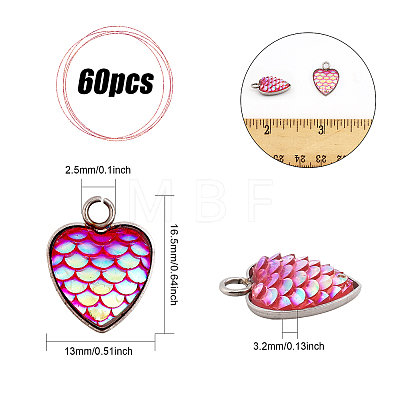 60Pcs 15 Colors Scaled Heart Resin Pendants CRES-CA0001-20-1