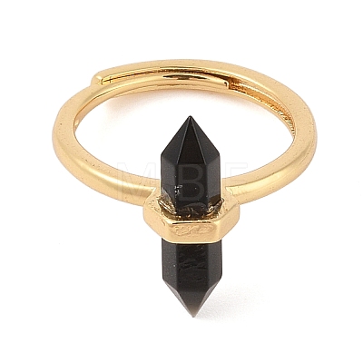 Double Pointed Hexagonal Prism Natural Obsidian Adjustable Rings for Women RJEW-G327-01G-06-1