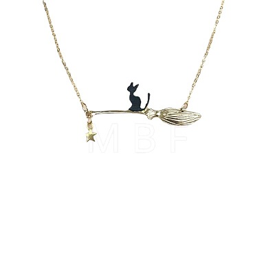 Halloween Alloy Black Cat with Broom Pendant Necklaces for Women FS-WGACF10-02-1