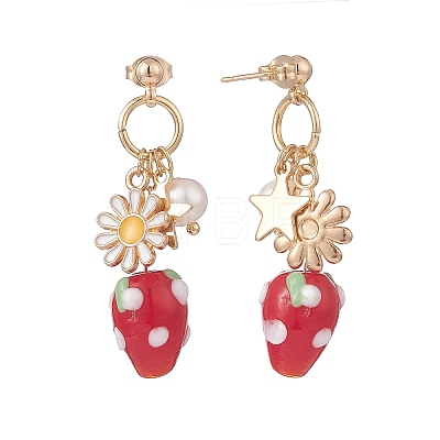 Natural Pearl & Alloy Enamel Flower & Lampwork Strawberry Dangle Stud Earrings EJEW-TA00143-1
