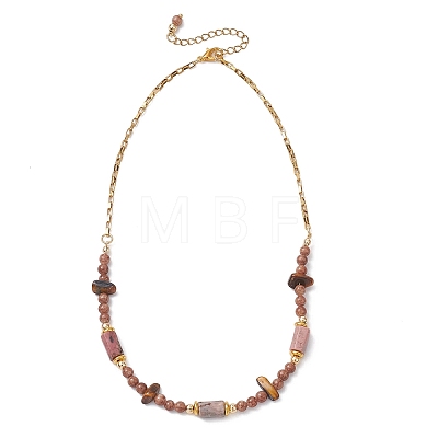 Natural Tiger Eye Chip & Round Persian Jade & Column Rhodonite Beaded Necklaces for Women NJEW-JN05633-1