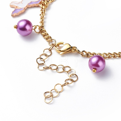 Alloy Enamel & Glass Pearl Charm Bracelet with 304 Stainless Steel Chains for Women BJEW-JB08707-04-1