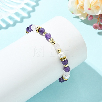 Natural Amethyst & Rose Quartz & Non-magnetic Synthetic Hematite & Shell Pearl Beaded Bracelets for Women BJEW-JB13895-02-1