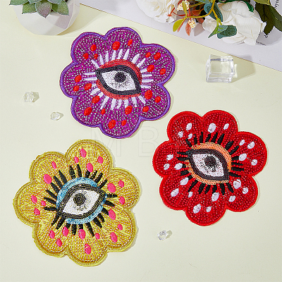 HOBBIESAY 3Pcs 3 Colors Flower with Eye Pattern Cloth Embroidery on Applique Patch PATC-HY0001-27-1