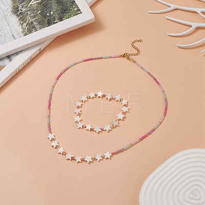 Natural Shell Star & Glass Seed Beaded Necklace & Stretch Bracelet SJEW-JS01271-1