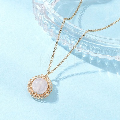 Natural Rose Quartz Copper Wire Wrapped Flower Pendant 304 Stainless Steel Cable Chain Necklaces for Women NJEW-JN05616-02-1