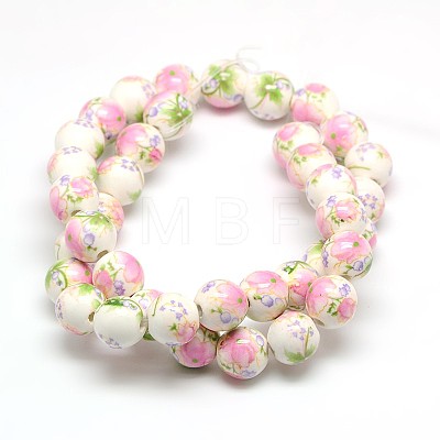 Handmade Flower Printed Porcelain Ceramic Beads Strands PORC-M007-10mm-07-1