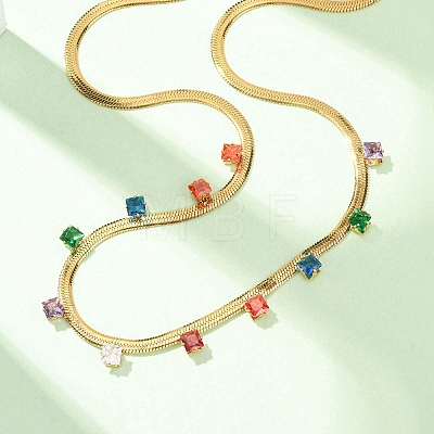 304 Stainless Steel Flat Snake Chain Necklaces with Square Cubic Zirconia NJEW-P355-02G-02-1