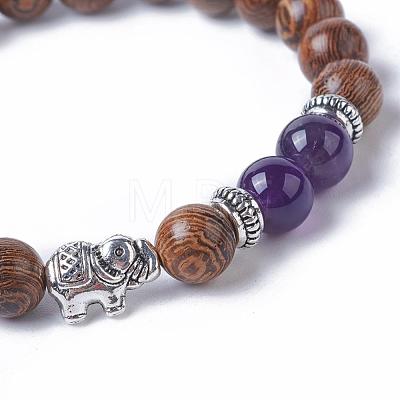 Dyed Wood Round Beads Stretch Bracelets BJEW-JB04839-1