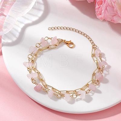 Natural Rose Quartz Chip Beads & Brass Paperclip Chain Multi-strand Bracelets for Women BJEW-JB12890-01-1