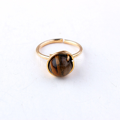 Iron Wire Wrapped Natural Tiger Eye Round Beaded Cuff Rings WGDBE9A-11-1