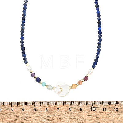 Natural Pearl & Star Moon White Shell & Faceted Round Natural Lapis Lazuli Beaded Necklaces for Women NJEW-JN06089-1
