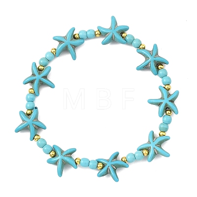 Synthetic Turquoise & Brass Beads Stretch Bracelets for Women Men BJEW-JB13877-01-1