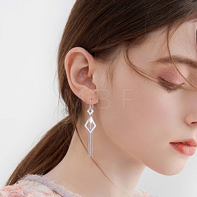 Anti-Tarnish Rhodium Plated 925 Sterling Silver Rhombus with Chain Tassel Dangle Earrings JE1048A-1