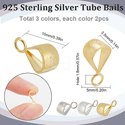 6Pcs 3 Color 925 Sterling Silver Tube Bails STER-SC0001-20-1
