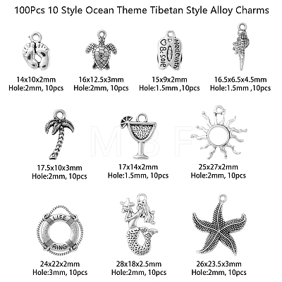 100Pcs 10 Style Ocean Theme Tibetan Style Alloy Pendants TIBEP-CJ0001-70-1