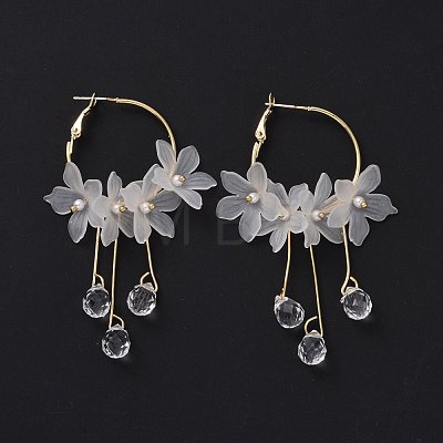 Acrylic Imitation Shell Flower with Glass Tassel Dangle Hoop Earrings with 925 Sterling Silver Pins EJEW-L281-06LG-1