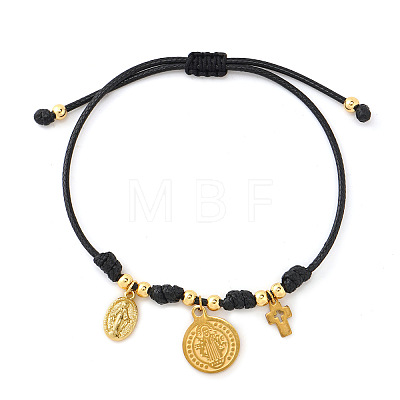 Brass and Stainless Steel Cross Virgin Coin Charm Braided Nylon Cord Bracelets YN2454-3-1
