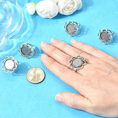 Vintage Adjustable Iron Finger Ring Components Alloy Flower Cabochon Bezel Settings X-PALLOY-O039-25AS-1
