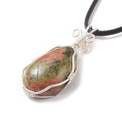 Natural Unakite Teardrop Pendant Necklaces Set with Waxed Cords for Women NJEW-TA00034-01-1