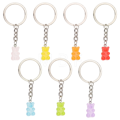 7Pcs 7 Colors Candy Color Transparent Bear Resin Pendant Keychain KEYC-CP0001-17-1