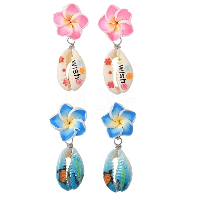 Handmade Polymer Clay 3D Flower Plumeria & Flower Word Printed Cowrie Shell Dangle Stud Earrings for Women EJEW-JE07483-1