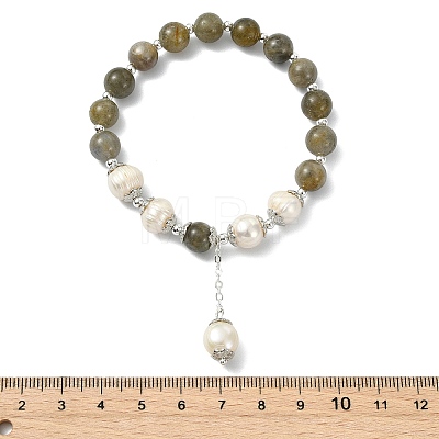 Natural Labradorite & Natural Pearl Bead Charm Bracelets BJEW-JB14141-02-1