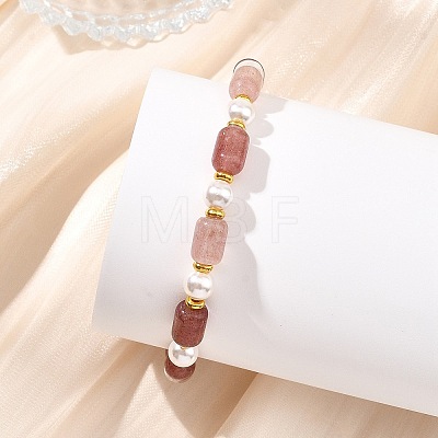 Natural Sunstone/Natural Strawberry Quartz/Natural African Turquoise(Jasper)/Natural Bronzite/Natural Mookaite & Shell Pearl & Brass Beads Stretch Bracelets for Women BJEW-JB13864-1