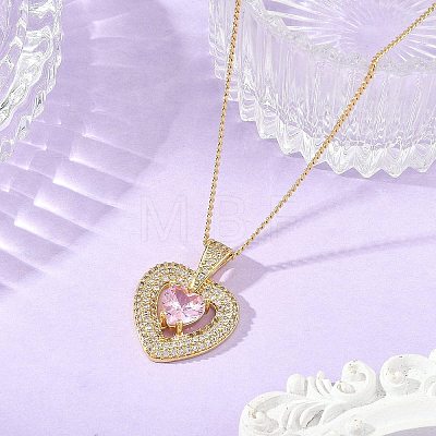Brass Pave Pink Cubic Zirconia Heart Pendant Brass Curb Chain Necklace for Women NJEW-JN06484-02-1