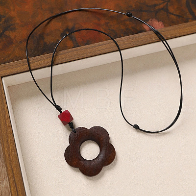 Wood Pendant Black Wax Cord Long Necklaces for Women FS-WG36920-01-1