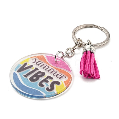 Acrylic Flat Round with Suede Tassel Pendant Keychain KEYC-G060-01D-1