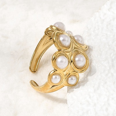 304 Stainless Steel with Imitation Pearl Cuff Open Rings for Women RJEW-Z144-01G-01-1