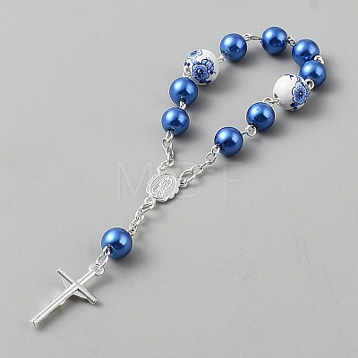 Plastic Imitation Pearl and Porcelain Round Link Metal Virgin Cross Charm Rosary Bracelets BJEW-WH0041-51B-1