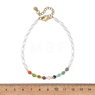 Round Handmade Millefiori Glass and Rice Imitation Pearl Acrylic Beaded Anklets for Women AJEW-AN00859-1