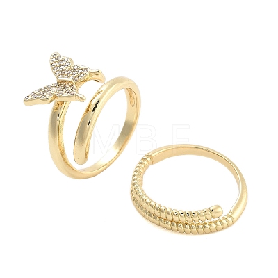 Brass Micro Pave Cubic Zirconia Butterfly Open Cuff Rings Set for Women RJEW-U002-02G-1