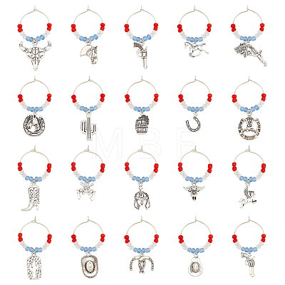 20Pcs 20 Style Cowboy Theme Alloy Wine Glass Charms with Glass Beads AJEW-BC0003-77-1