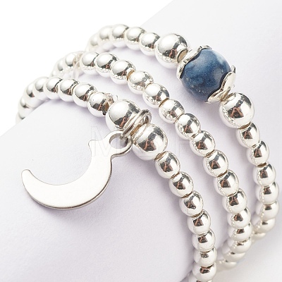 3Pcs 3 Style Natural White Jade & Synthetic Hematite Beaded Stretch Rings Set with Crescent Moon Charm RJEW-JR00469-04-1