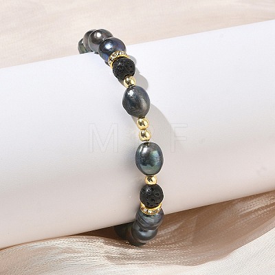 Natural Cultured Freshwater Pearl & Lava Rock Beaded Stretch Bracelets for Women BJEW-JB13714-1