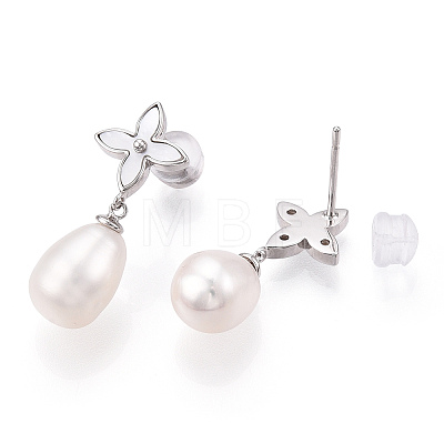 Drop Clover Natural Pearl & Shell Dangle Stud Earrings EJEW-T047-01P-1