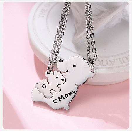 201 Stainless Steel Black Enamel Baby Bear Mother Bear Split Pendant Necklaces for Mother's Day WG98DEA-03-1